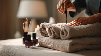 Relaxing manicure session in a spa, painting nails for beautiful hands and wellness
