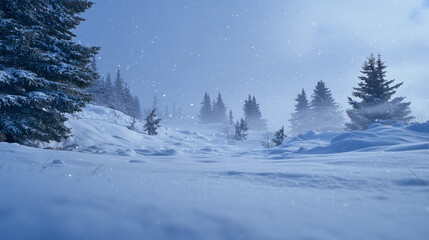 Naklejka premium Serene winter wonderland scene with snow falling gently on frosted pine trees