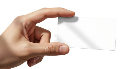 Obraz premium A hand holding a blank white card between the thumb and forefinger against a black background