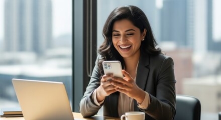 Happy Indian business woman laughing while using a smartphone at her desk in a modern office. Successful female professional enjoying good news or social media on her phone.