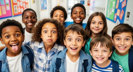 Diverse group of happy school children smiling and making funny faces in hallway, back to school, friendship, education, kids having fun, multicultural elementary students