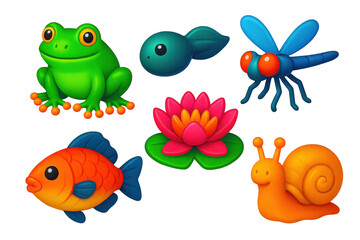 Obraz premium Vivid Aquatic Icons. 3D icon set of aquatic life: frog, tadpole, dragonfly, fish, water lily, snail. A set of 3D-style icons in a