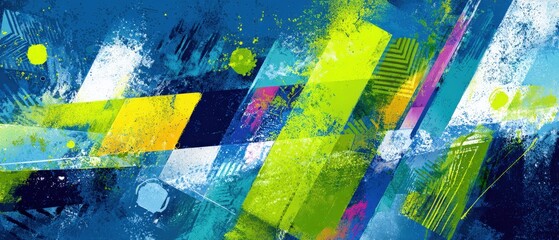 Fototapeta na wymiar Dynamic abstract painting with geometric shapes in vibrant blue, green, and yellow colors Modern artistic background with grunge texture and bold brushstrokes Concept of creativity and energy