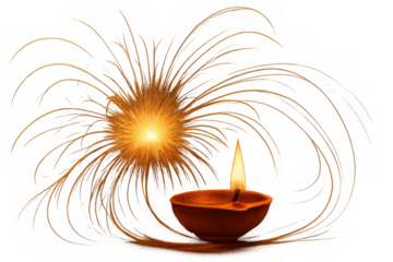 Diwali diya oil lamp glowing light with abstract exploding star and festive illumination on transparent background