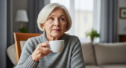 Thoughtful elderly woman with white hair drinking coffee from white cup at home in cozy gray sweater, relaxing indoors, senior lifestyle and calm moment concept