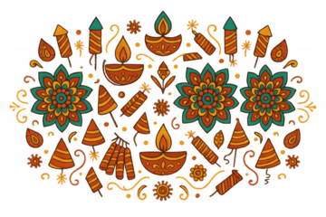 Diwali festival of lights elements illustration featuring diya lamps, rangoli flowers, and firecrackers on transparent background