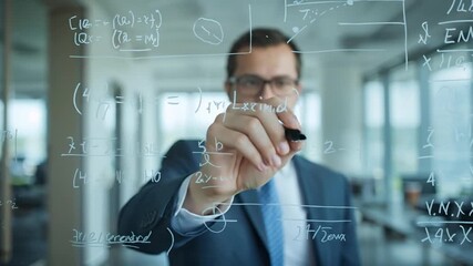 Dedicated Executive Writing Complex Financial Formulas and Data Analysis on Transparent Interactive Glass Screen in Modern Office - Powered by Adobe