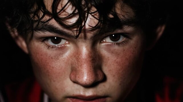 Close-up portrait of a young man with freckles staring intensely