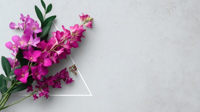 Vibrant pink orchid motifs framed within a sleek triangular grid against a white background, creating a stylish and modern design element with copy space for creative use