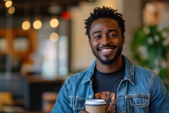 A smiling Black man with dreadlocks and a denim jacket holds a coffee cup in a vibrant cafe setting, exuding happiness.