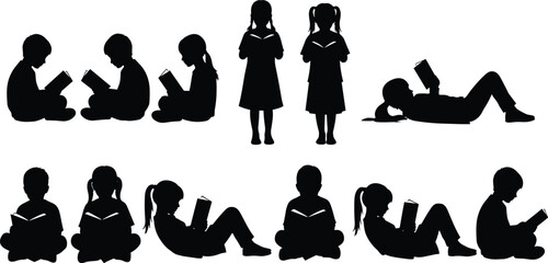 Children reading silhouette collection, educational vector poses, black isolated kids with books, literacy and learning themed artwork, school study illustration