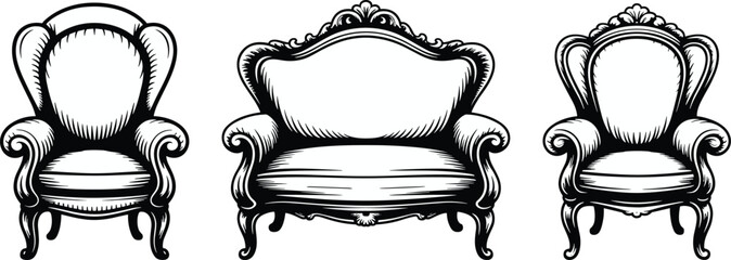 Vintage chair and loveseat set, ornate furniture vector illustration, classical seating design, elegant scrollwork armrests, antique interior decor asset