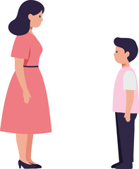 Woman and boy standing facing each other in simple flat style vector illustration for family or communication theme 