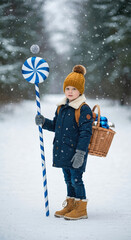 Young boy in winter holds a lollipop and a basket of ornaments in snowy woods. A charming, whimsical scene that evokes childhood wonder. Christmas spirit, seasonal joy, winter wonderland.