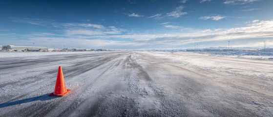 A red traffic cone on a snowy runway at an airport with wind turbines in the distance