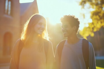 Happy young students walk on a sunny campus path, smiling warmly at each other during golden hour, radiating joy and connection.