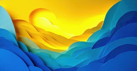 Fototapeta premium Abstract landscape. Paper layers create sun, hills, valleys. Warm yellows contrast cool blues. Minimalist design, serene mood.