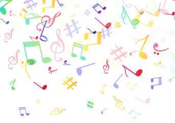 Colorful musical notes background with treble clefs and symbols floating on white backdrop melody harmony and rhythm concept
