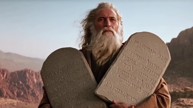 The prophet Moses holds the stone tablets with the commandments of the Lord