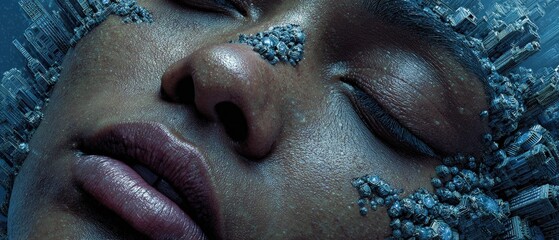 Obraz premium Closeup of African American womans face with futuristic cityscape and abstract textures Concept of technology, dreams, and surreal beauty