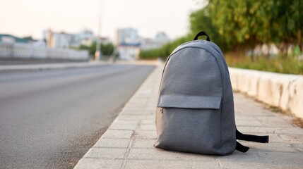 Sleek gray backpack with clean lines resting on a sidewalk beside an empty street, neutral blurred background, mid shot, straighton angle, modern urban style conveying practicality and simplicity