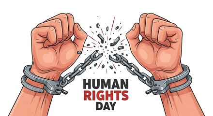 Illustration of two fists breaking free from metal handcuffs, symbolizing freedom and human rights, with the text 'Human Rights Day' in the center.