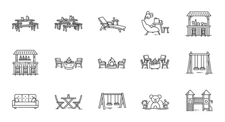 backyard furniture line icons patio sets swing sets and outdoor bars offering outdoor living and backyard fun for lifestyle marketing.