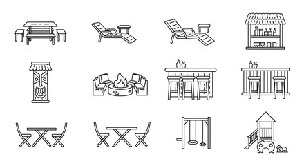 backyard furniture set representing outdoor living and relaxation in a home garden for leisure perfect as icons for summer home design.