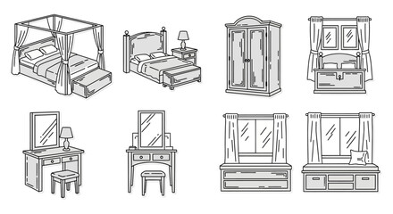 Bedroom furniture illustration creating a cozy interior design scheme ideal for home decor blogs  showcasing classic furniture elements.