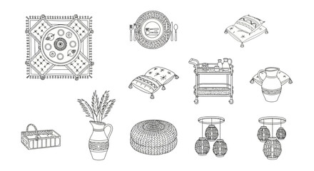 boho style decor elements dining table setup with pillows tableware and pendant lights for creating a relaxing interior design aesthetic