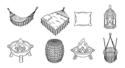 boho camping concept hammock fire pit lantern and rattan stool for outdoor relaxation illustrating cozy atmosphere and summer lifestyle.
