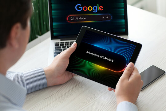 Person holding tablet with ai mode on display