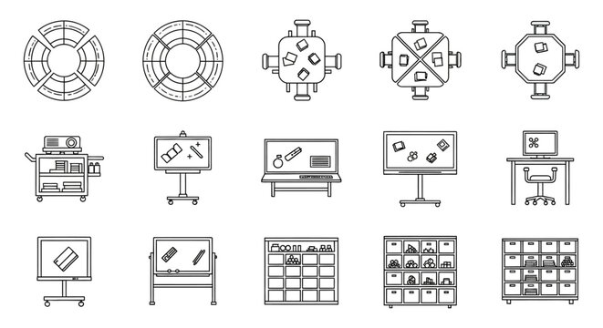 classroom furniture icons demonstrating school equipment for collaborative learning environments ideal for educational resources and planning infographics.