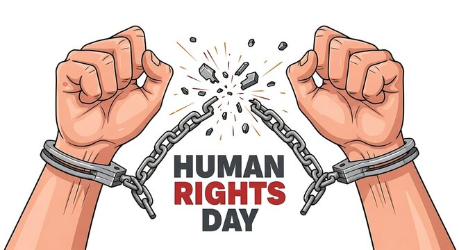 Illustration of two hands breaking free from handcuffs, symbolizing human rights and freedom on Human Rights Day.