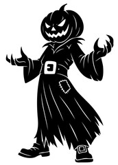 Pumpkin Scarecrow Warlock — creepy jack o’lantern magician in torn cloak with glowing eyes