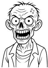 Halloween zombie head coloring page — scary undead monster with wide eyes and open mouth for kids