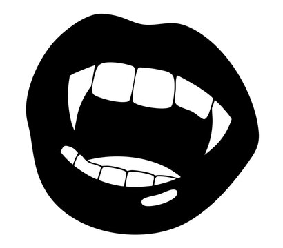 Vampire mouth with fangs open &mdash; black lips silhouette of vampire bite and sharp teeth, Halloween horror lips