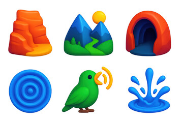 Fototapeta premium Vivid Natural Echoes Icons. 3D icon set of natural echoes: canyon wall, mountain valley, cave tunnel, soundwave ripple, bird call,