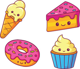 Cartoon dessert character set, cute smiling sweets illustration, ice cream, cake slice, donut, cupcake vector, playful food design, bakery art