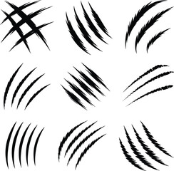 Claw mark vector set, 9 brush-style scratch designs, black aggressive motifs, dynamic damage illustration, wild slash pattern collection, graphic art elements