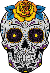 Colorful sugar skull illustration, Día de los Muertos design, floral decorative vector, Mexican holiday art, festive skull graphic, stock image