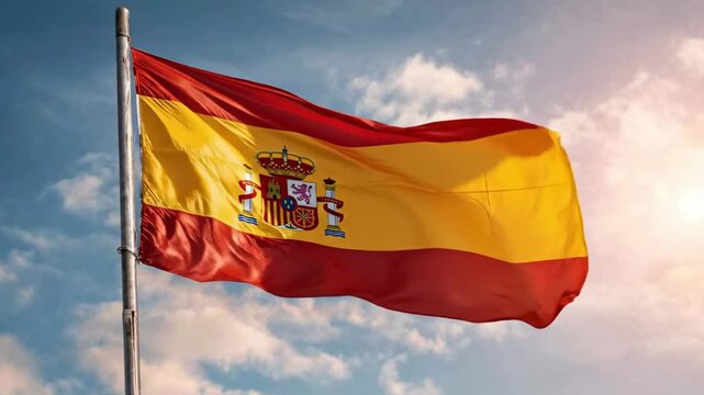 A vibrant and recognizable flag, representing Spain, majestically waves in the gentle breeze against a beautiful, partially clouded blue sky. The iconic bold red and yellow stripes, along with the dis