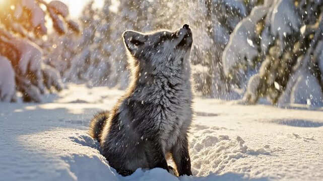 Beautiful Silver Fox Catching Snowflakes in Winter Forest. Wildlife Video Footage.