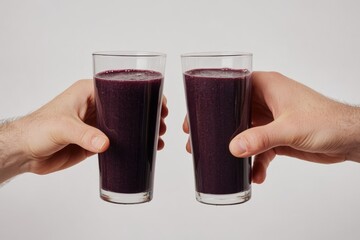 Two hands hold two glasses of vibrant purple smoothie or juice against a clean white background, showcasing healthy refreshment.