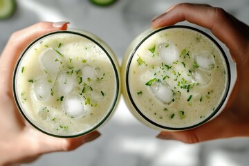 Overhead view of two hands holding glasses of a creamy green beverage with ice cubes and fresh herb garnish.