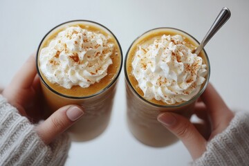 Two delicious creamy drinks with whipped cream and spice, held by hands in cozy sweaters. Perfect for a comforting fall moment.
