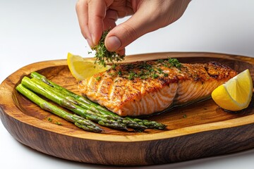 Perfectly grilled salmon fillet garnished with fresh herbs, served with vibrant asparagus and lemon wedges on a rustic wooden platter.
