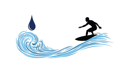 Surfer riding a wave with a water droplet artistic representation silhouette