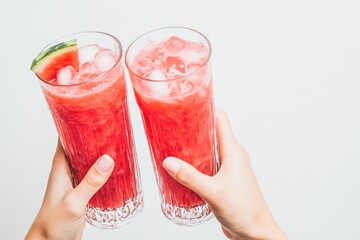 Two hands clinking tall glasses of refreshing, icy watermelon juice, one garnished with a slice, against a white background.