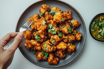 A hand selects a golden-fried fritter (pakora) from a plate, garnished with cilantro, alongside a vibrant green dipping sauce.